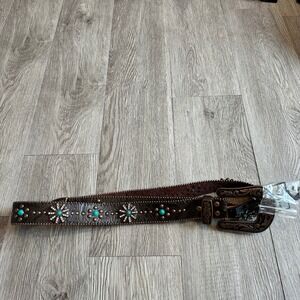 Nocona Brown Leather Belt with Turquoise Accents